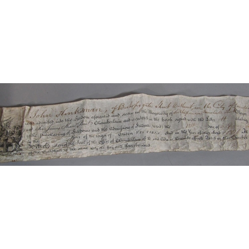 390 - A Victorian parchment deed bestowing The Freedom of London on John Hinksman in 1840 with original tu... 