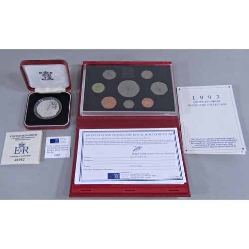 419 - 1993 proof coin collection £5 - 1p and a Coronation 40th anniversary £5 proof coin