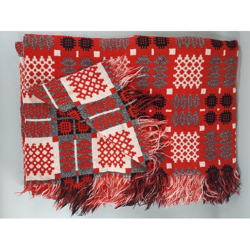 437 - Double weave reversible woollen Welsh blanket in red, black and white 2x2.25m (AF- condition report ... 