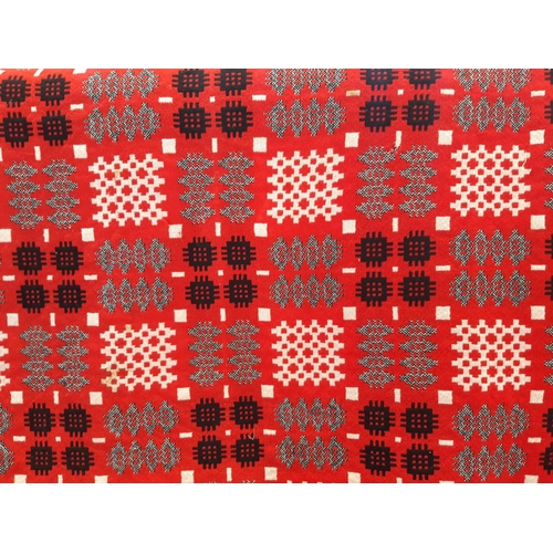 437 - Double weave reversible woollen Welsh blanket in red, black and white 2x2.25m (AF- condition report ... 