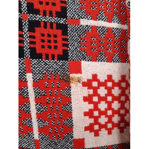 437 - Double weave reversible woollen Welsh blanket in red, black and white 2x2.25m (AF- condition report ... 