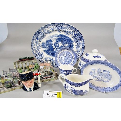 76 - A collection of contemporary blue and white table wares including tureen, meat plate, etc, together ... 