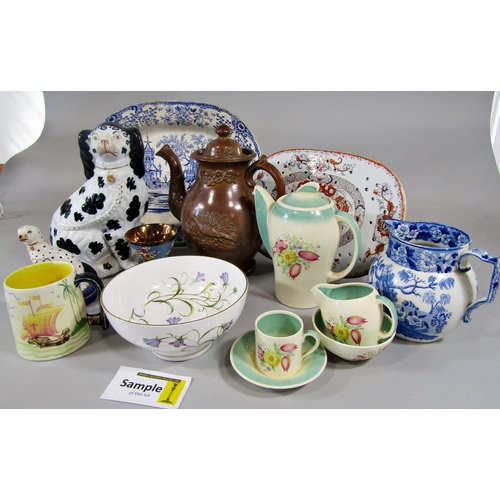 80 - Large collection including a 19th century stoneware coffee pot and cover, three Staffordshire spanie... 