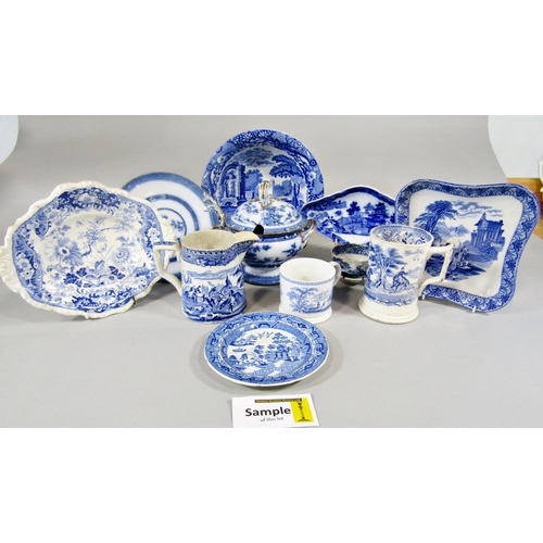 88 - A collection of 19th century and later blue and white transfer ware, cups, dishes, mugs, tureen and ... 