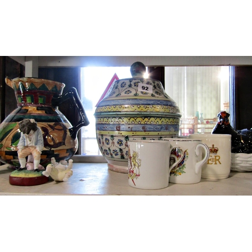 92 - Shorter Basra jug with incised and painted decoration by Mabel Leigh, three hen on nest tureens, cor... 