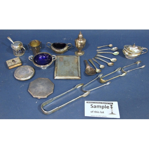 184 - A mixed quantity of silverware consisting of a cigarette case, sugar tongs, salt, pepper and mustard... 