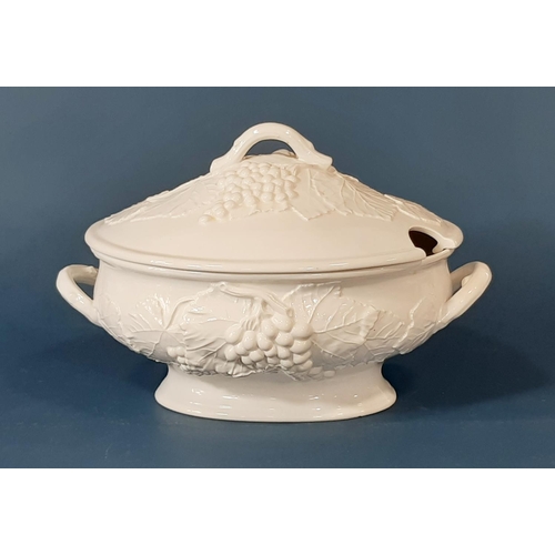 98 - White Limoges style lidded tureen decorated with grape and vine leaf motifs, with ladle, together wi... 