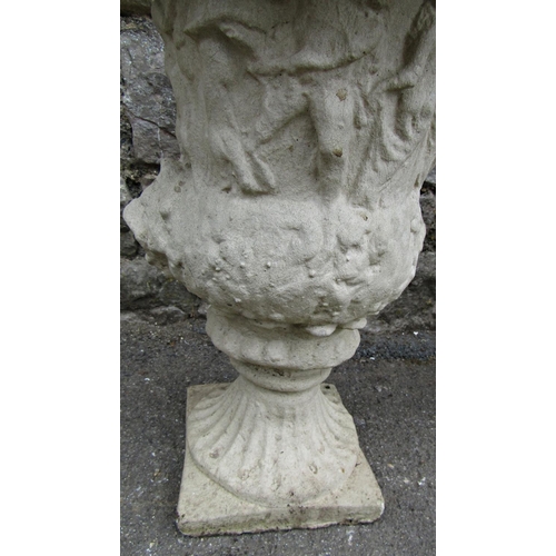 1110 - A pair of weathered cast composition stone campana shaped garden urns with flared rims, lions mask a... 