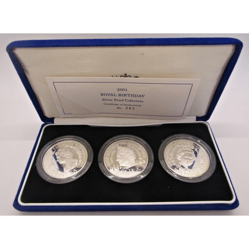 406 - Cased set 3 x silver £5 coins - Alderney Guernsey and UK, limited issue of which 500 sets have been ... 