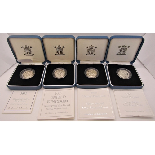 412 - Eight silver proof £1 coins, 1984, 88, 90, 93, 2001, 2002, 2004 and 2005