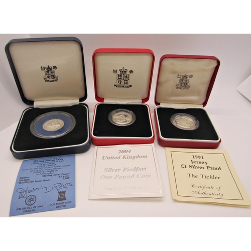 413 - Two Piedfort Silver Proof £1 coins, 2000 and 2004, Pobjoy Proof Isle of Man £1 1980 x 2 and 1991 £1 ... 