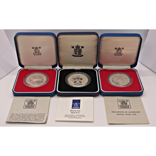 417 - Three silver proof crowns 1977, three silver proof Prince of Wales 1981 crowns, three silver proof Q... 