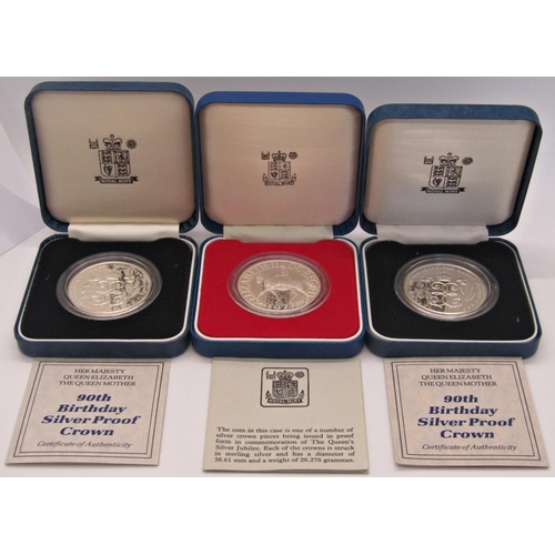 417 - Three silver proof crowns 1977, three silver proof Prince of Wales 1981 crowns, three silver proof Q... 