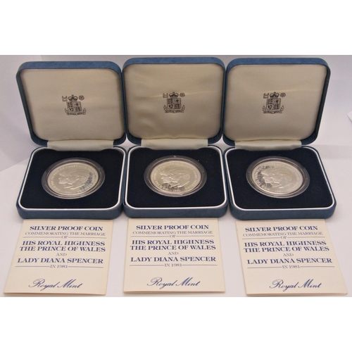 417 - Three silver proof crowns 1977, three silver proof Prince of Wales 1981 crowns, three silver proof Q... 