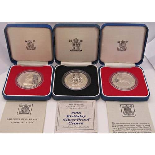 417 - Three silver proof crowns 1977, three silver proof Prince of Wales 1981 crowns, three silver proof Q... 