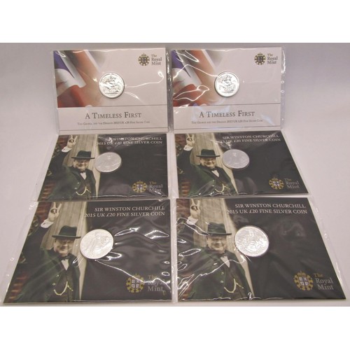 402 - Six brilliant uncirculated silver £20 coins, four Churchill 2015, two x George and Dragon, 2013