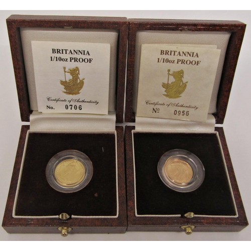 410 - Two Britannia 1/10 oz gold proof coins numbers 706 and 956, 1988 and 1990, cased (2)