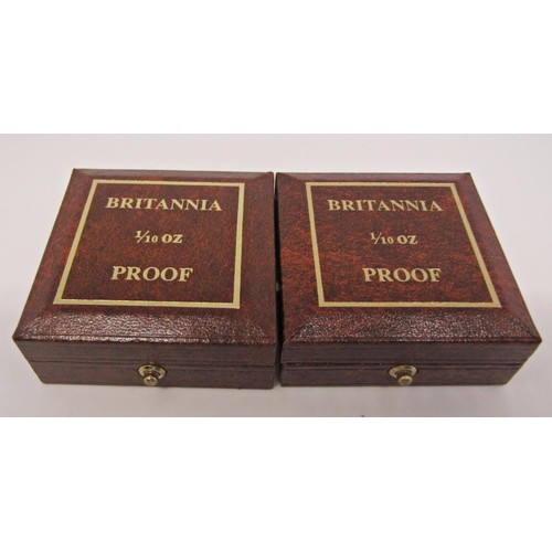 410 - Two Britannia 1/10 oz gold proof coins numbers 706 and 956, 1988 and 1990, cased (2)