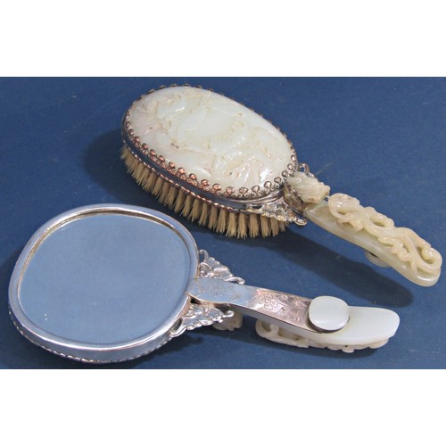 396 - Antique Chinese silver plated jade mounted dressing table mirror and brush - the frames with engrave... 