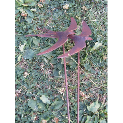 1105 - Two decorative long steel garden border stakes with floating swallow finials