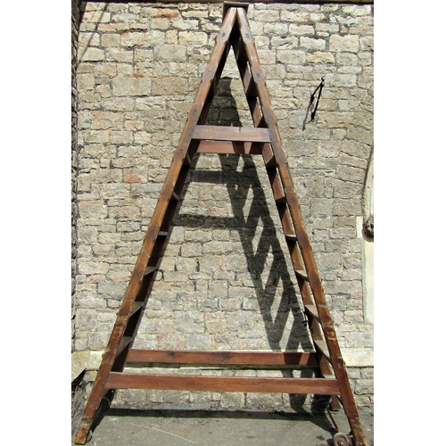 1686 - A substantial flight of Victorian pine industrial steps on shaped and chamfered supports, to take tw... 