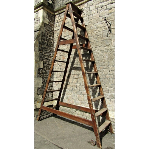 1686 - A substantial flight of Victorian pine industrial steps on shaped and chamfered supports, to take tw... 