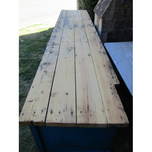 1096 - A substantial vintage partially painted pine workbench/counter of tongue and groove boarded construc... 