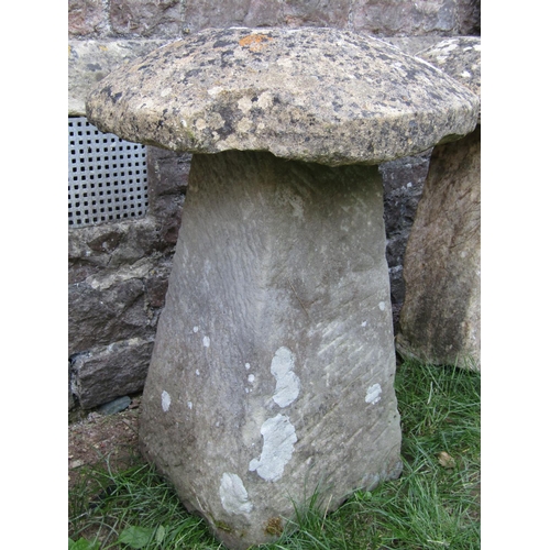 1064 - A good weathered natural stone staddlestone of square tapered form beneath a domed cap, 60cm diamete... 