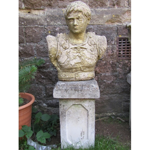 1070 - A painted and weathered bust of a Roman character wearing a breast plate, 55cm high, raised on a lat... 