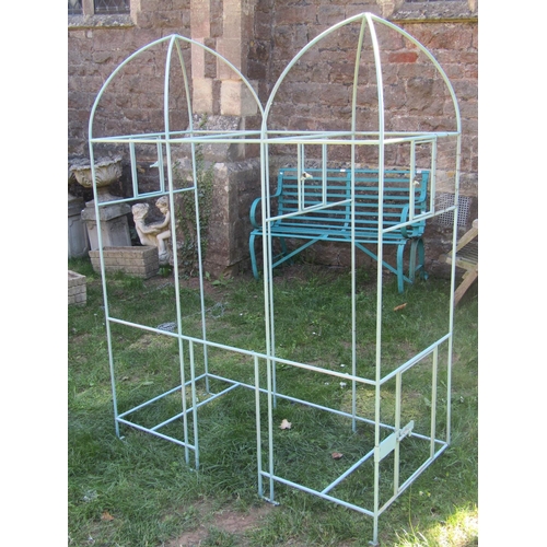 1075 - A freestanding light blue painted iron framed vintage bird cage/aviary with twin arched top (for re-... 