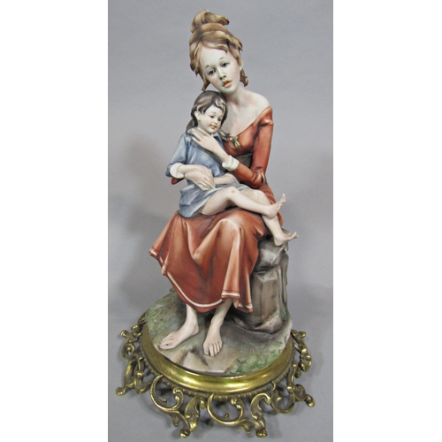 24 - A collection of ceramic figures comprising a Capodimonte figure group of a seated woman holding a ch... 