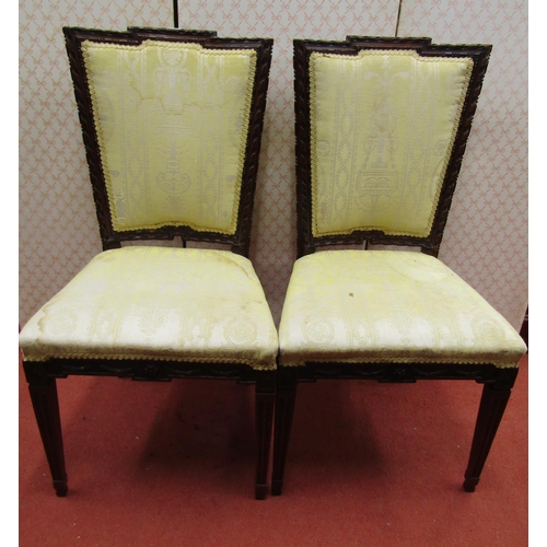 1669 - A pair of 19th century continental mahogany side chairs with carved framework, upholstered seas and ... 