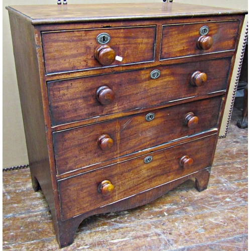 1636 - A Georgian mahogany chest of three long and two short drawers, oak lined and raised on bracket suppo... 