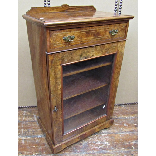 1650 - A Victorian burr walnut side cabinet - the lower section enclosed by a panelled door with single fri... 