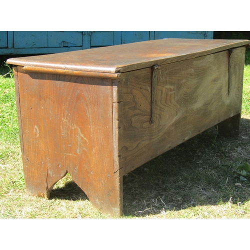 1681 - An 18th century elm six plank coffer, with steel lock plate dated 1763, monogrammed I.B.? 115cm wide