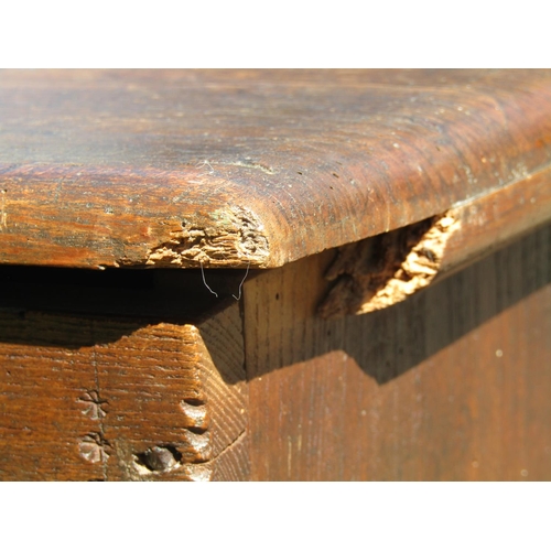 1681 - An 18th century elm six plank coffer, with steel lock plate dated 1763, monogrammed I.B.? 115cm wide