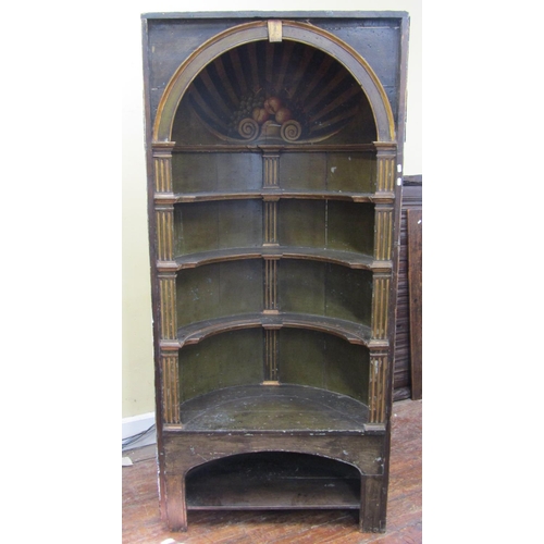 1662 - A Georgian pine barrel back cupboard enclosing open shelves with overall olive green and dark gilt p... 