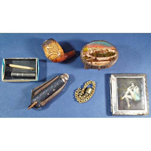 393 - Military pen knife, bone work spoon, cased smokers pipe with silver collar, etc