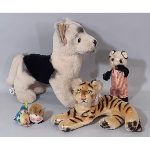 546 - Vintage soft toy collection including a standing dog by Merrythought, height 28cm, a tiger (no maker... 