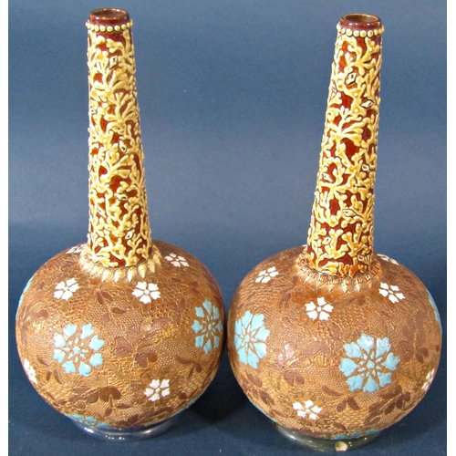 13 - A pair of Doulton Lambeth vases of globular form with drawn necks, a further similar Doulton Lambeth... 