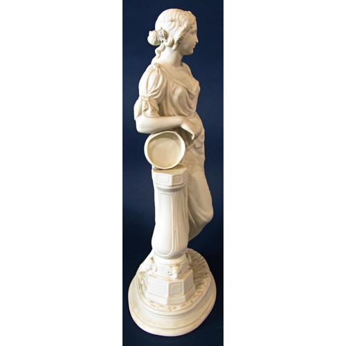 4 - A 19th century Parian figure of a female in classical dress leaning upon a tambourine, raised on an ... 