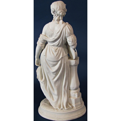 4 - A 19th century Parian figure of a female in classical dress leaning upon a tambourine, raised on an ... 