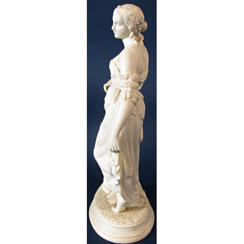 4 - A 19th century Parian figure of a female in classical dress leaning upon a tambourine, raised on an ... 