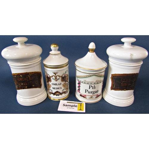 44 - A collection of apothecary jars, some 19th century some 20th century, some white glazed with over pa... 