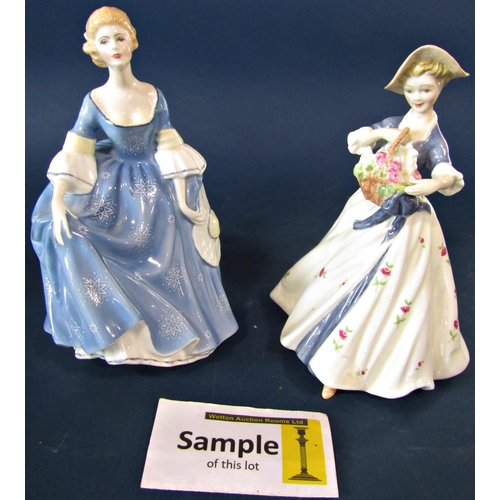 45 - Two Doulton figures, Summer's Day and Hilary, a Belleek vase with crown top, two Worcester leaf patt... 