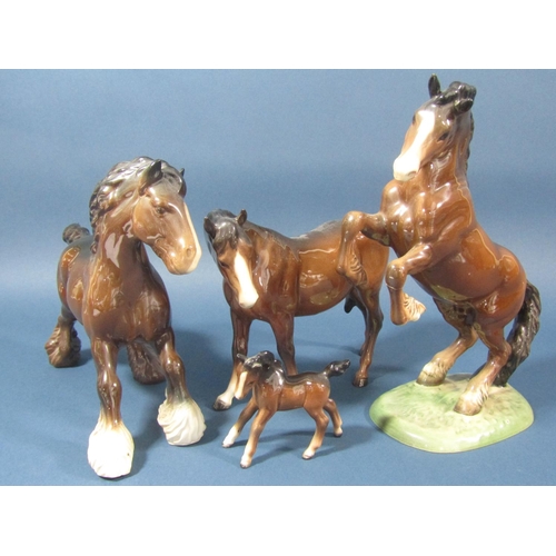 75 - A collection of Beswick horses comprising rearing example, mare and foal and a shire horse example