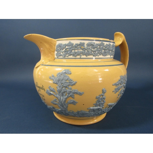 82 - A large Doulton Lambeth jug with low relief decoration of a hunting scene in blue on a buff ground, ... 