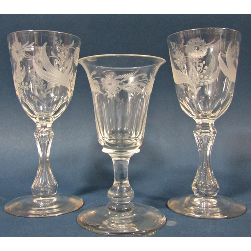 112 - Three Georgian baluster wine glasses, two further floral engraved wine glasses and a smaller engrave... 