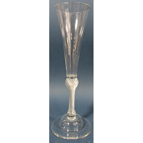 116 - A tall Georgian fluted Champagne glass with a spiral stem, a waisted bucket wine glass with spiral s... 