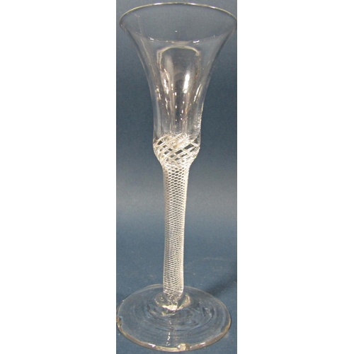 116 - A tall Georgian fluted Champagne glass with a spiral stem, a waisted bucket wine glass with spiral s... 